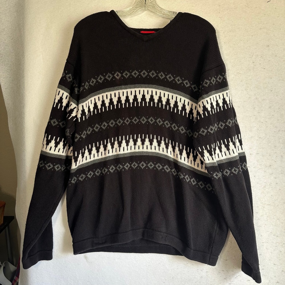 Fila Sport Vintage Mens Large Black Cotton Geometric Fair Isle V-Neck Sweater